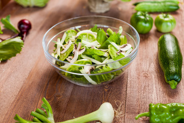 Obraz na płótnie Canvas vegetable green salad bowl on kitchen table, balanced diet