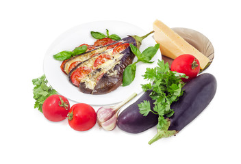 Baked stuffed eggplant and ingredients for its cooking