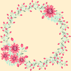 Floral round frame from cute flowers. Greeting card template. Design artwork for the poster, tee shirt, pillow, home decor. Summer flowers with green leaves.