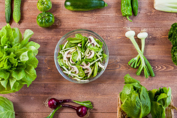 healthy vegan lunch bowl, top view vegetables salad