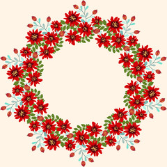 Floral round frame from cute flowers. Greeting card template. Design artwork for the poster, tee shirt, pillow, home decor. Summer flowers with green leaves.