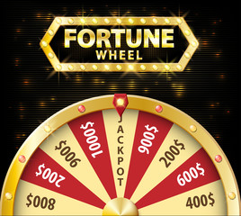 Gold realistic wheel of fortune 3d object isolated on dark background with place for text. lucky roulette vector illustration