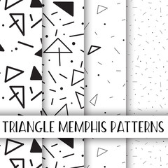 Memphis collection, black and white triangle geometric shapes seamless pattern pack 