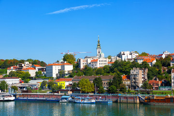 Belgrade from river Sava with riverboats on a sunny day, Serbia - obrazy, fototapety, plakaty