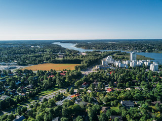Aerial view of Turku and Aura River with ships and shipyard