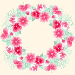 Floral round frame from cute flowers of hibiscus. Vector greeting card template. Design artwork for the poster, tee shirt, pillow, home decor. Tropical flowers with green leaves.