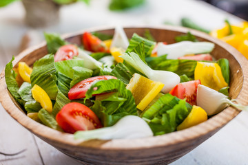 vegetable salad bowl on kitchen table, balanced diet