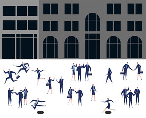 A group of business and office people are standing in front of the building. Vector illustration.