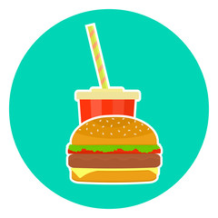 Flat colorful vector lovely fast food couple - cola and hamburger. Cute fastfood burger symbol for cafe, bar, restaurant menu and web design