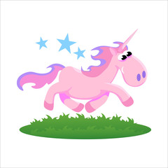 cute unicorn isolated set, magic pegasus flying with wing and horn on rainbow, fantasy horse vector illustration, myth creature dreaming on white background