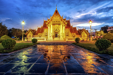 Wat Benchamabophit, The ancient marble temple in Bangkok Thailand , after rainy and twilight time, this temple was built in Buddhist era 2441, this year is Buddhist era 2559.