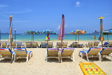 Wonderful recreation place with blue sky, white cloud and sand, clear sea water at Patong beach, Phuket Thailand.