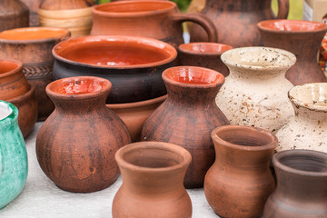 Fototapeta na wymiar Pots and pottery earthen sauceres