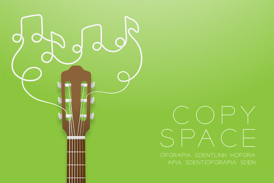 Classic guitar brown color and music note symbol made from guitar strings illustration concept idea isolated on green gradient background, with copy space vector eps10