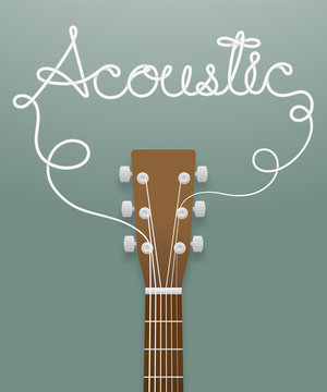Acoustic guitar brown color and acoustic text made from guitar strings illustration concept idea isolated on dark green gradient background, with copy space vector eps10