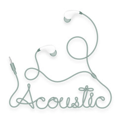 Earphones, In Ear type dark green color and acoustic text made from cable isolated on white background, with copy space