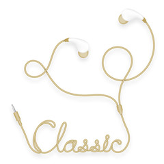 Earphones, In Ear type gold color and classic text made from cable isolated on white background, with copy space