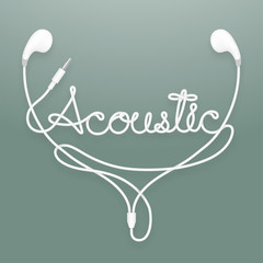 Earphones, Earbud type white color and acoustic text made from cable isolated on dark green gradient background, with copy space
