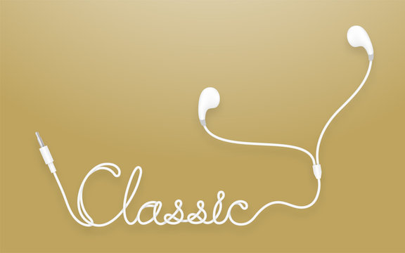 Earphones, Earbud type white color and classic text made from cable isolated on gold gradient background, with copy space