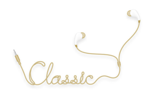 Earphones, In Ear type dark gold color and classic text made from cable isolated on white background, with copy space