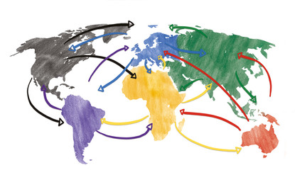 Sketch or handdrawn concept for globalization, global networking, travel or global connection or transportation with connecting arrows. - obrazy, fototapety, plakaty