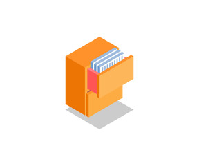 Cabinet, drawer with documents icon, illustration, vector symbol in flat isometric 3D style isolated on white background.