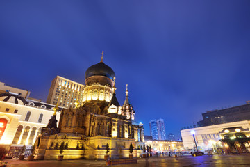 Fototapeta premium Katedra Świętej Zofii w Harbinie w nocy