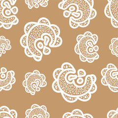 Seamless pattern. White doodle elements on beige background. Ornaments for web, wrapping paper, print, fabric, textile design. Vector illustration. Abstract backdrop. Aztec style.