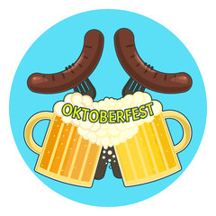 Bright colorful oktoberfest symbol with two cups of beer and two sausages. Nice friendly color traditional german oktoberfest couple of beer and sausage symbol