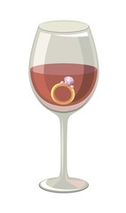 Ring with a diamond in a glass of wine. Colored vector illustration on white