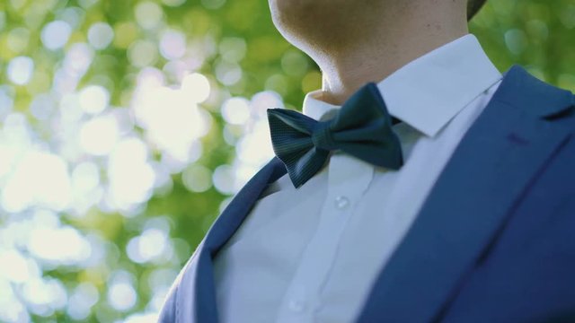 Male hands correct wedding bowtie on white shirt in the green light forest 4K