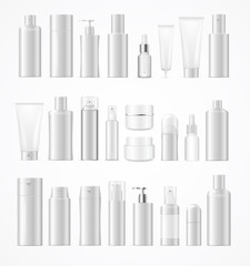 Realistic Template Blank White Big Cosmetic Bottles Set Isolated. Vector