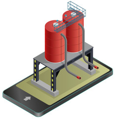 Gasoline cistern, isometric building in mobile phone. Diesel, fuel supply resources. Gas tank on pillars in communication technology, paraphrase. Water reservoir. Flatten isolated master vector icon.