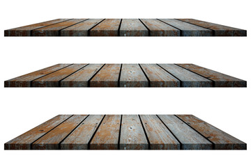 Wooden shelves isolated on white Background