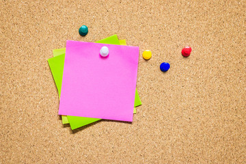 Empty pinned notes on cork board (bulletin board), empty space for text