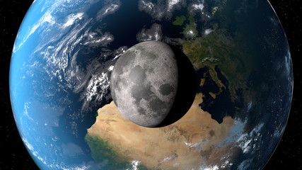 View of the planet Earth with moon from space. 3D rendering elements of this image furnished by NASA