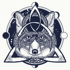 Fox viking tattoo and t-shirt design. Fox viking in the celtic style, tattoo art.  North tattoo animals