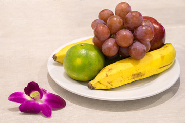 Healthy fruits background, Studio photo of different fruits on wooden table