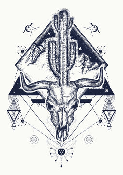 Dream cather tattoo and t-shirt design. Bull skull, cactus, mountains, sacred geometry. Psychodelic art t-shirt design