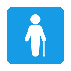 Icono plano hombre con baston en cuadrado azul