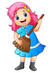 Girl playing broom and singing 