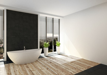 Modernes luxuriöses Badezimmer mit Fussboden aus edlem Holz