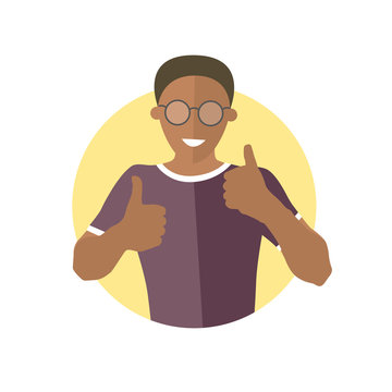 Glad, joyful, cheerful black boy in glasses. Flat design icon of handsome african man with thumbs up. Cool, joy, optimistic emotion. Simply editable isolated on white vector sign