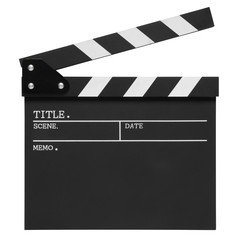open blank clapper board on top view vintage white wood table for the action scene or filming and...