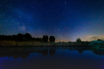 Starry sky and milky way over the water.
