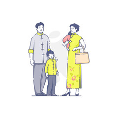 Father and mother standing with children