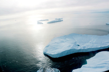 Whale watching in a Ilulissat midnight with boat from aerial view
