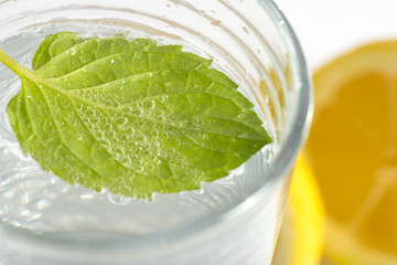 Eim Glas Mineralwasser, Zitrone und Minze Blatt