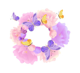 Butterflies and flowers round wreath background Vector. Pastel colors