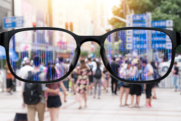 Augmented reality , smart AR glasses technology , smart city , internet of things concept. Customer...